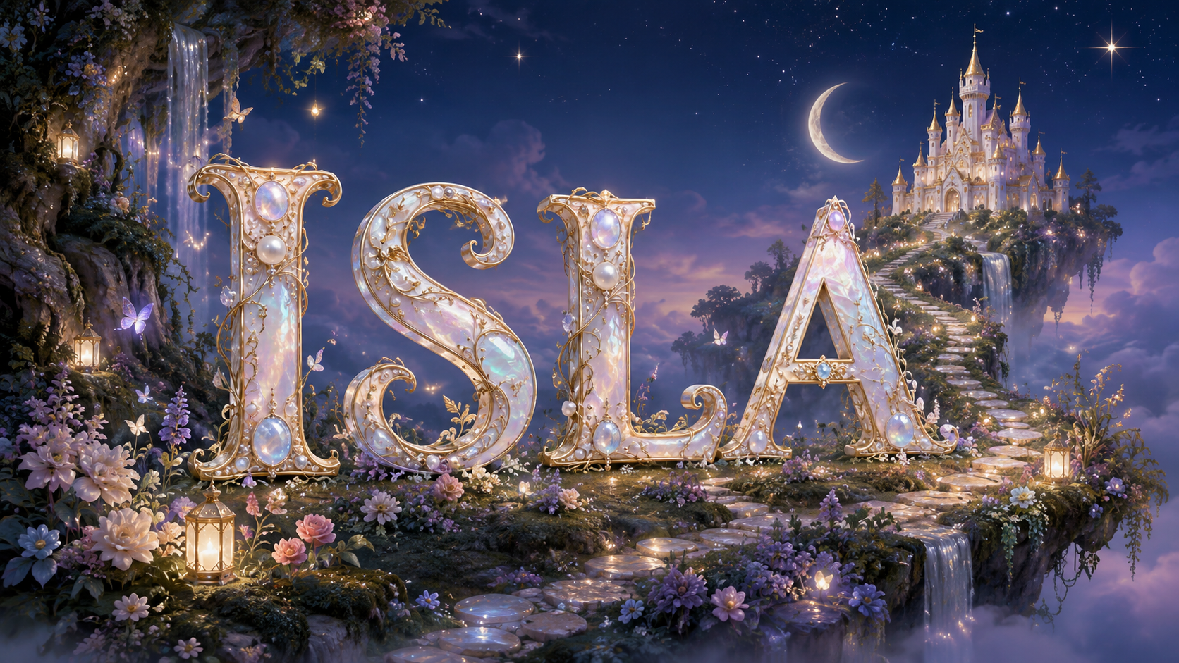 A moonlit floating island garden, made just for Isla, with her name in pearl and gold letters.